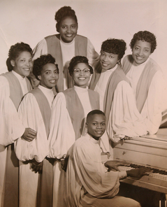 HARDY19.... Evelyn Hardy, pianist for the Original Gospel Harmonettes, is shown at 6th Street Baptist Church where she is active in the music programs. She is set to receive yet another honor for her years in music. This is a copy of an original publicity photo for the Original Gospel Harmonettes. ID's as follows: Dorothy Love Coates (top rear) l to r: Mildred Howard, Vera Kolb, Willie Mae Newberry, Evelyn Hardy and Odessa Edwards. Seated at piano: Herbert "PeeWee" Pickard. STAFF PHOTO JEFF ROBERTS: REPORTER GARRISON....