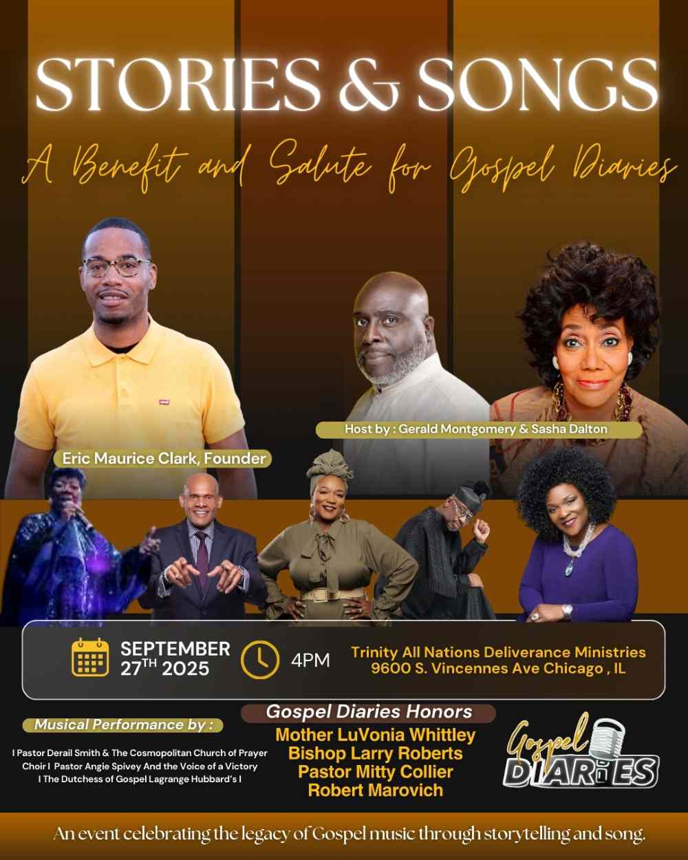 Advertisement for September 27, 2025, benefit for Gospel Diaries