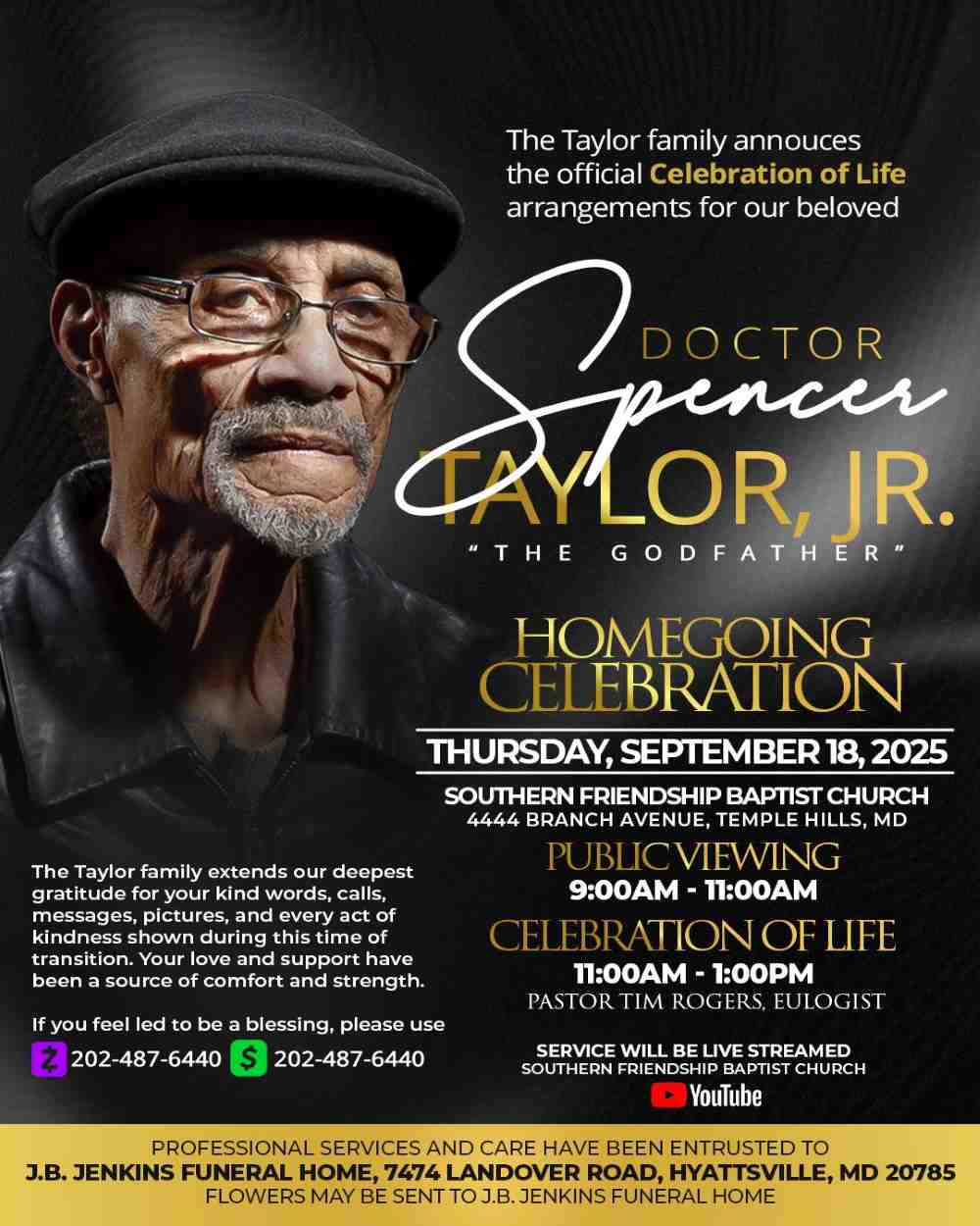 Image of Spencer Taylor Jr. and details of his homegoing service