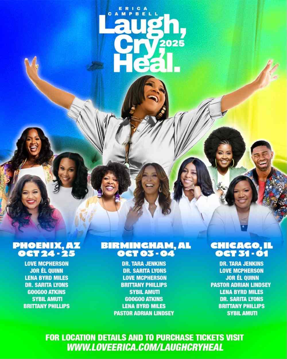 Poster for Erica Campbell's workshop called "Laugh, Cry, Heal"