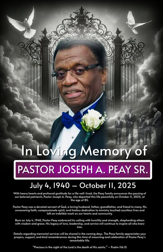 Notice of death of Joe Peay