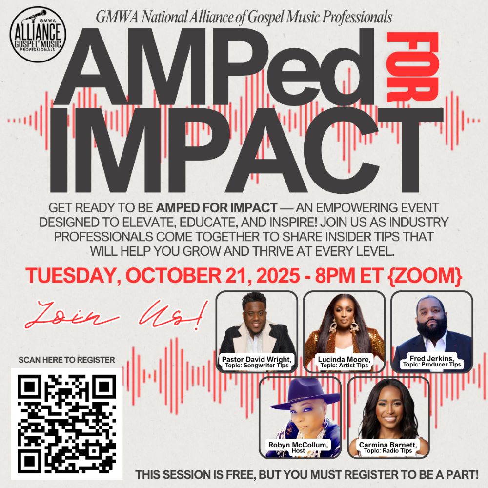 Advertisement for National Alliance of Gospel Music Professionals AMPed for Impact Zoom meeting