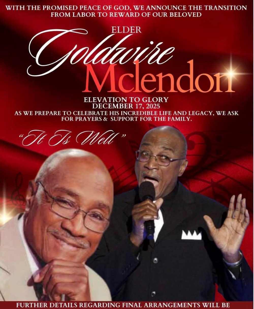 Death announcement of gospel singer Elder Goldwire McLendon